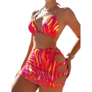 imageFloerns Womens 3 Piece Bathing Suit High Cut Bikini Sets Swimsuit with Cover Up SkirtOrange Multi