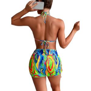 imageFloerns Womens 3 Piece Swimsuits Tie Dye Marble Print Triangle Halter Bikini Sets with Drawstring Beach Cover up SkirtBlue