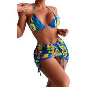 imageFloerns Womens 3 Piece Swimsuits Tie Dye Marble Print Triangle Halter Bikini Sets with Drawstring Beach Cover up SkirtOrange