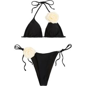 imageFloerns Womens 3D Flower Appliques Triangle Tops 2 Piece Bikini Sets High Cut ThongBlack Multi