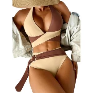 imageFloerns Womens Colorblock Ring Linked Tie Back Halter 2 Piece Bikini SwimsuitBrown