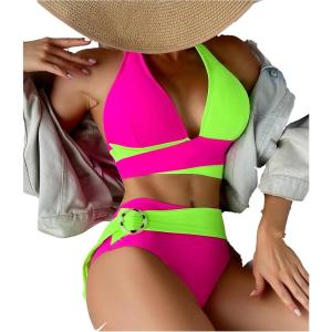 imageFloerns Womens Colorblock Ring Linked Tie Back Halter 2 Piece Bikini SwimsuitPink and Green