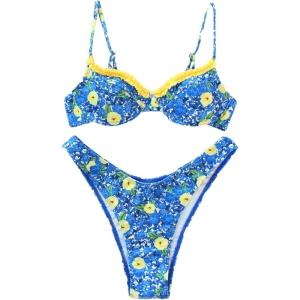 imageFloerns Womens Floral Frill Trim Underwire High Cut Two Piece Bikini SwimsuitBlue