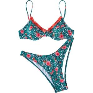 imageFloerns Womens Floral Frill Trim Underwire High Cut Two Piece Bikini SwimsuitBlue Multi