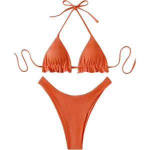 imageFloerns Womens Floral Frill Trim Underwire High Cut Two Piece Bikini SwimsuitBurnt Orange