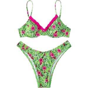 imageFloerns Womens Floral Frill Trim Underwire High Cut Two Piece Bikini SwimsuitGreen Multi