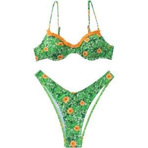 imageFloerns Womens Floral Frill Trim Underwire High Cut Two Piece Bikini SwimsuitGreen and Orange