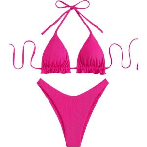imageFloerns Womens Floral Frill Trim Underwire High Cut Two Piece Bikini SwimsuitHot Pink