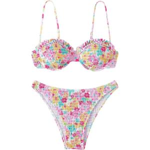 imageFloerns Womens Floral Frill Trim Underwire High Cut Two Piece Bikini SwimsuitLight Pink Floral