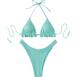 imageFloerns Womens Floral Frill Trim Underwire High Cut Two Piece Bikini SwimsuitMint Green