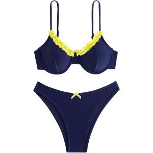imageFloerns Womens Floral Frill Trim Underwire High Cut Two Piece Bikini SwimsuitNavy Blue Yellow