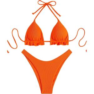 imageFloerns Womens Floral Frill Trim Underwire High Cut Two Piece Bikini SwimsuitOrange