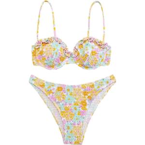 imageFloerns Womens Floral Frill Trim Underwire High Cut Two Piece Bikini SwimsuitOrange Multi