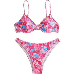 imageFloerns Womens Floral Frill Trim Underwire High Cut Two Piece Bikini SwimsuitPink Flower