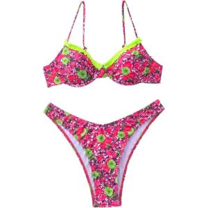 imageFloerns Womens Floral Frill Trim Underwire High Cut Two Piece Bikini SwimsuitPink and Green