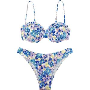 imageFloerns Womens Floral Frill Trim Underwire High Cut Two Piece Bikini SwimsuitPurple Blue