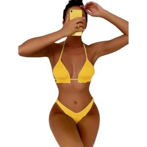 imageFloerns Womens Floral Frill Trim Underwire High Cut Two Piece Bikini SwimsuitYellow Solid