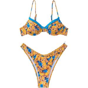 imageFloerns Womens Floral Frill Trim Underwire High Cut Two Piece Bikini SwimsuitYellow and Blue