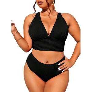 imageFloerns Womens Plus Size 2 Piece Swimwear Criss Cross Rib Knit Bikini SwimsuitBlack