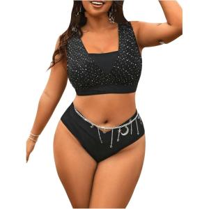 imageFloerns Womens Plus Size 2 Piece Swimwear Criss Cross Rib Knit Bikini SwimsuitBlack Ink
