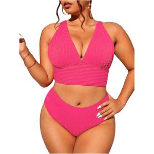 imageFloerns Womens Plus Size 2 Piece Swimwear Criss Cross Rib Knit Bikini SwimsuitHot Pink