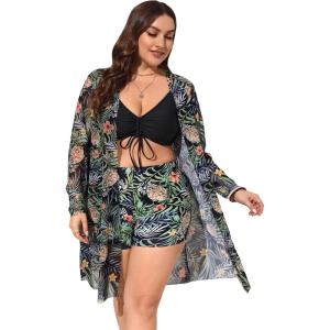 imageFloerns Womens Plus Size 3 Piece Drawstring Ruched Shorts Swimsuit Kimono Cover UpBlack Ink