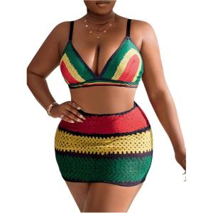 imageFloerns Womens Plus Size 3 Piece Striped Print Bikini Sets with Cover Up SkirtRed Yellow Green