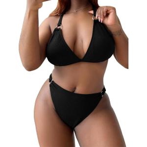 imageFloerns Womens Plus Size V Neck Triangle Bikini Set Ribbed 2 Piece Bathing SuitBlack