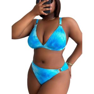 imageFloerns Womens Plus Size V Neck Triangle Bikini Set Ribbed 2 Piece Bathing SuitBlue Sky