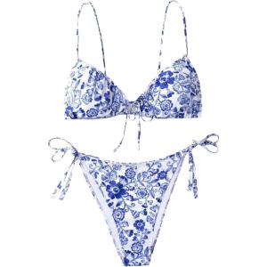 imageFloerns Womens Plus Size V Neck Triangle Bikini Set Ribbed 2 Piece Bathing SuitBlue and White