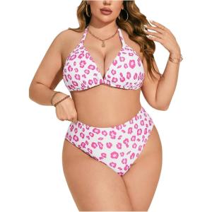 imageFloerns Womens Plus Size V Neck Triangle Bikini Set Ribbed 2 Piece Bathing SuitPink Leopard