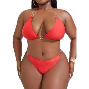 imageFloerns Womens Plus Size V Neck Triangle Bikini Set Ribbed 2 Piece Bathing SuitRed