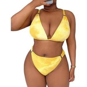 imageFloerns Womens Plus Size V Neck Triangle Bikini Set Ribbed 2 Piece Bathing SuitYellow