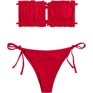 imageFloerns Womens Tie Back Ruched Bandeau with Cheeky Thong Bikini Bathing SuitA B Red