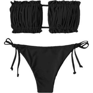 imageFloerns Womens Tie Back Ruched Bandeau with Cheeky Thong Bikini Bathing SuitBlack