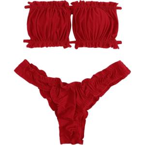imageFloerns Womens Tie Back Ruched Bandeau with Cheeky Thong Bikini Bathing SuitBurgundy