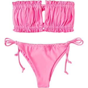imageFloerns Womens Tie Back Ruched Bandeau with Cheeky Thong Bikini Bathing SuitPink