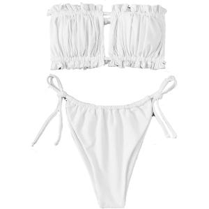 imageFloerns Womens Tie Back Ruched Bandeau with Cheeky Thong Bikini Bathing SuitSnow White