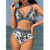 imageFloerns Womens 2 Piece Boho Floral Print V Neck Bra and High Waist Bottoms Bikini SetBlack and White