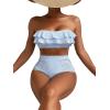 imageFloerns Womens Ruffle Trim Bandeau High Waist Striped Print 2 Piece Bikini SetBlue and White