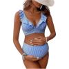 imageFloerns Womens Maternity Striped Print Ruffle Trim V Neck 2 Piece Bathing SuitBlue and White