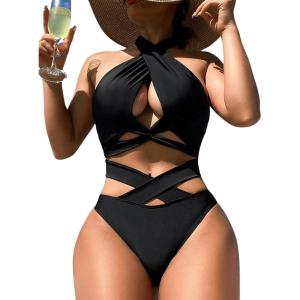 imageFloerns Womens 2 Piece Bathing Suit Cut Out Criss Cross Halter Bikini SetBlack