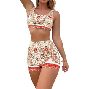 imageFloerns Womens 2 Piece Bathing Suit Scoop Neck Bikini Shorts Tankini SwimsuitCoral Orange