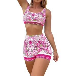 imageFloerns Womens 2 Piece Bathing Suit Scoop Neck Bikini Shorts Tankini SwimsuitHot Pink