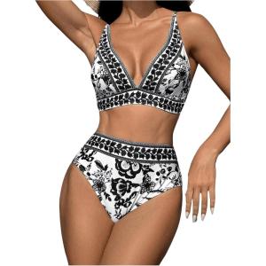 imageFloerns Womens 2 Piece Boho Floral Print V Neck Bra and High Waist Bottoms Bikini SetBlack and White