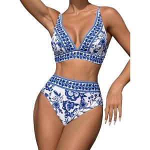 imageFloerns Womens 2 Piece Boho Floral Print V Neck Bra and High Waist Bottoms Bikini SetBlue and White