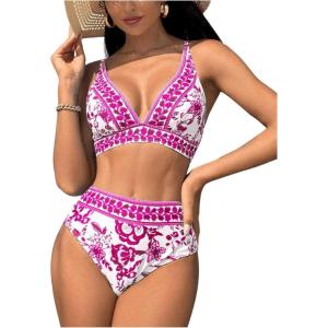 imageFloerns Womens 2 Piece Boho Floral Print V Neck Bra and High Waist Bottoms Bikini SetPurple