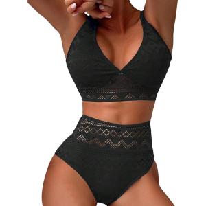 imageFloerns Womens 2 Piece Boho V Neck Bra and High Waist Bottoms Bikini Swimsuit SetBlack