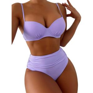 imageFloerns Womens 2 Piece Ruched High Waisted Push Up Spaghetti Strap Bikini SwimsuitLilac Purple