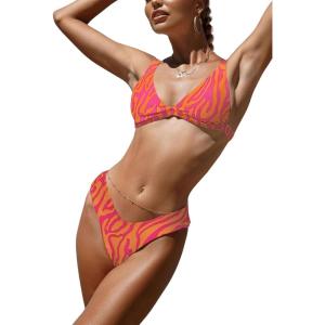 imageFloerns Womens 2 Piece Swimsuit Zebra Striped Tie Back Bra and High Cut Bottoms SetPink and Orange
